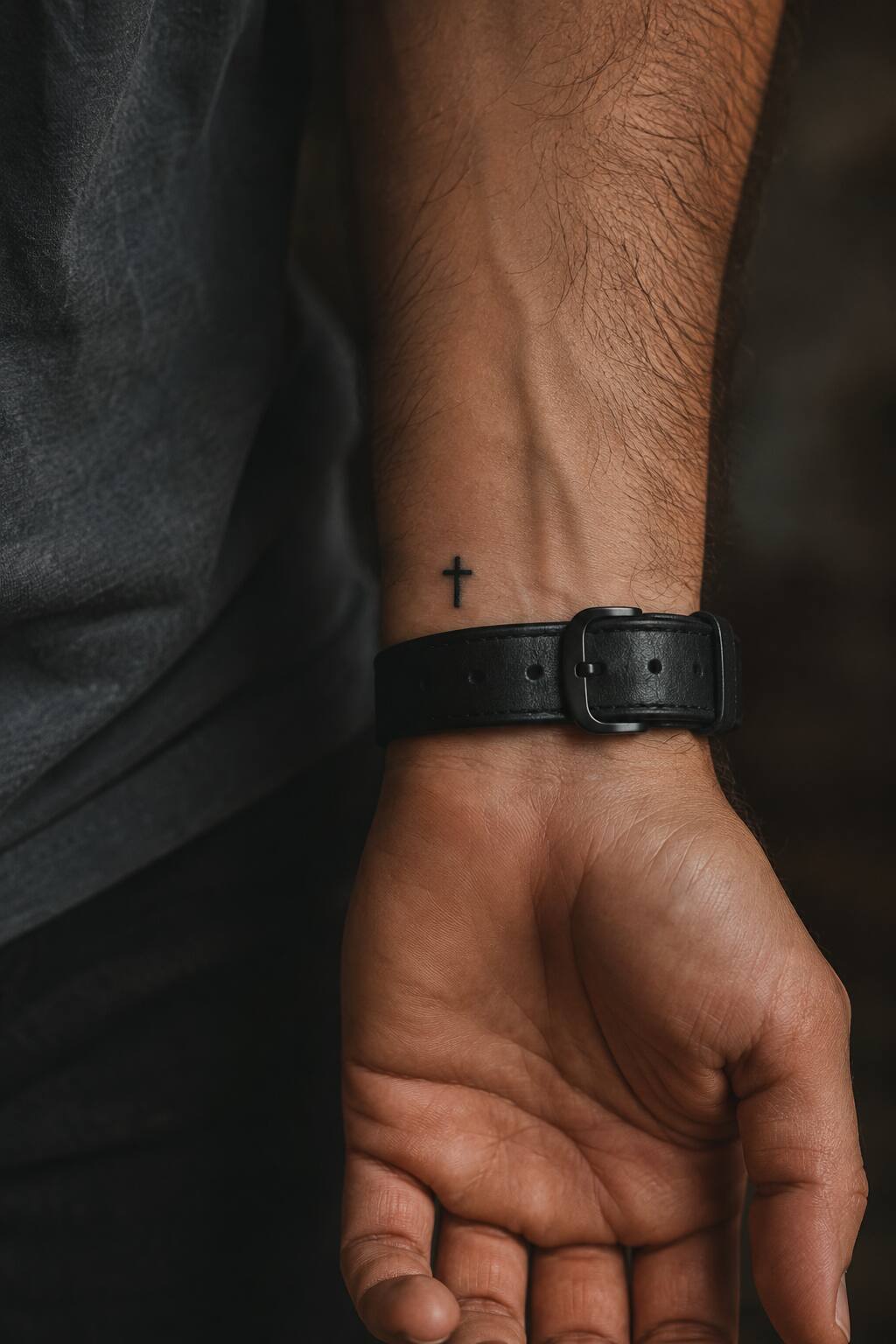 Micro cross wrist accent forearm tattoo for men
