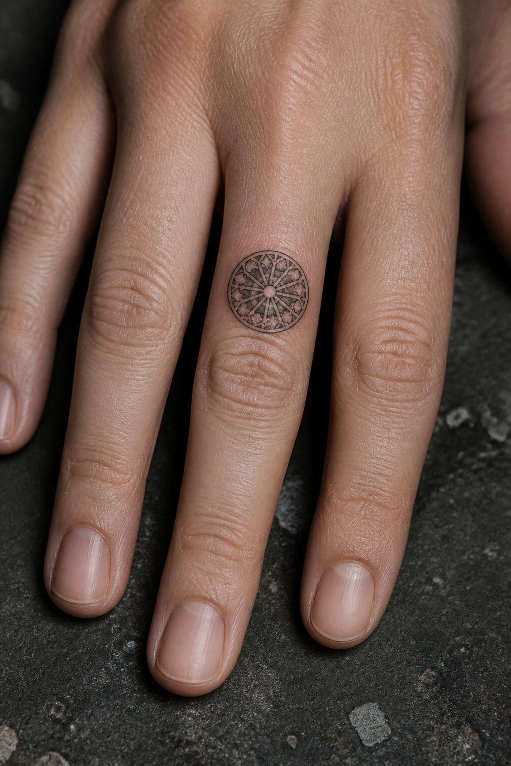 Micro rose window finger joint tattoo