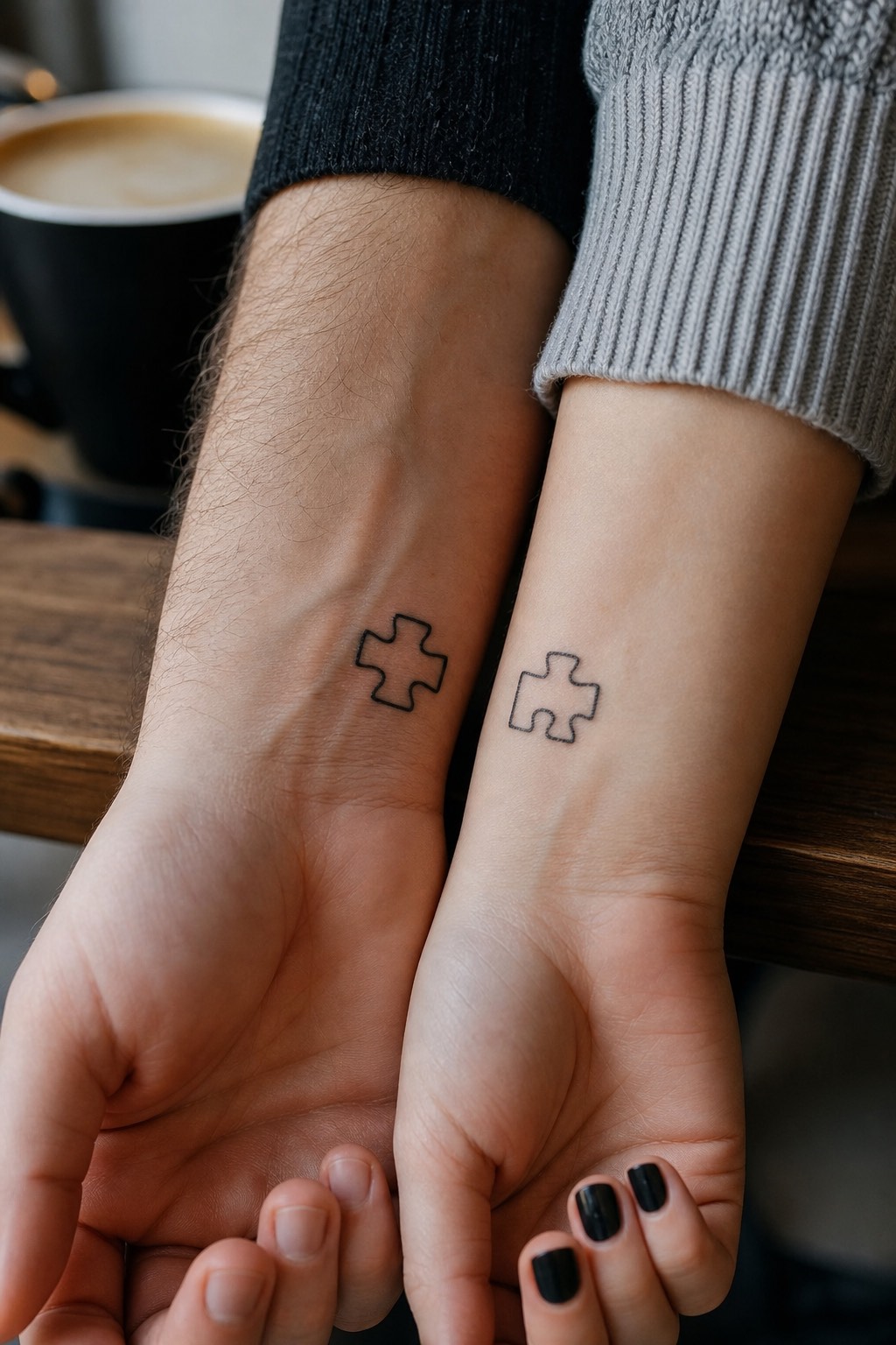 Matching puzzle piece accent couple tattoos
