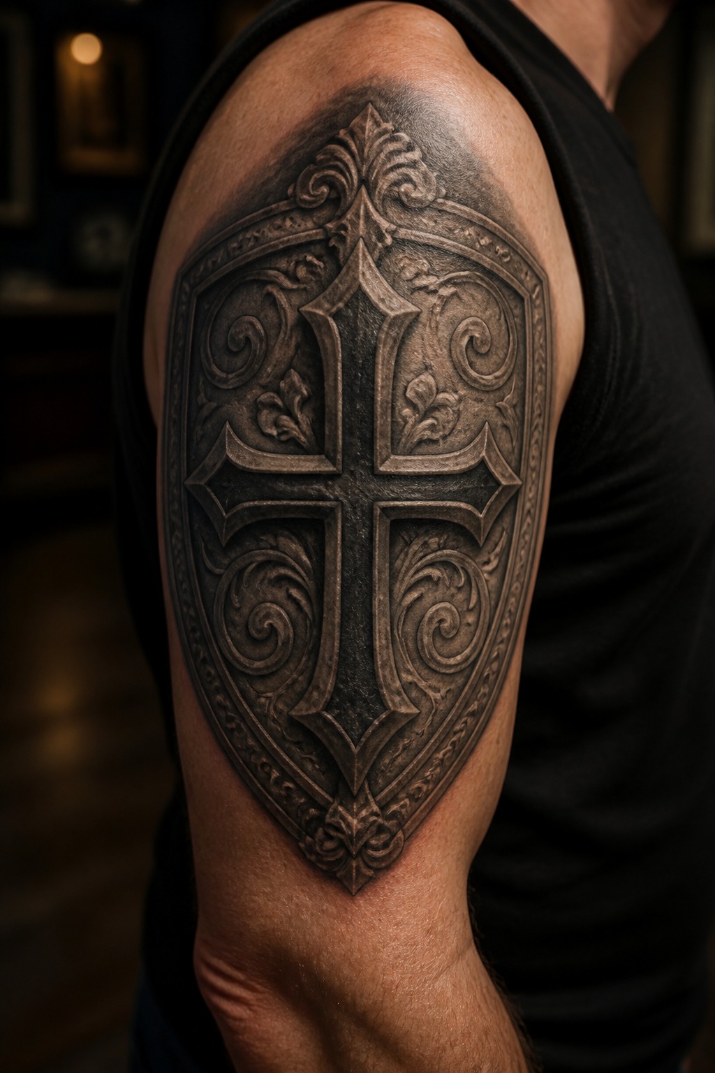 Medieval shield and gothic cross emblem tattoo