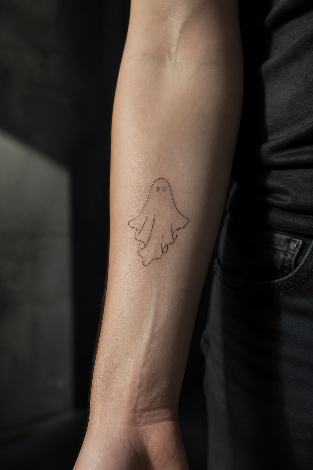 Single line floating ghost outline tattoo