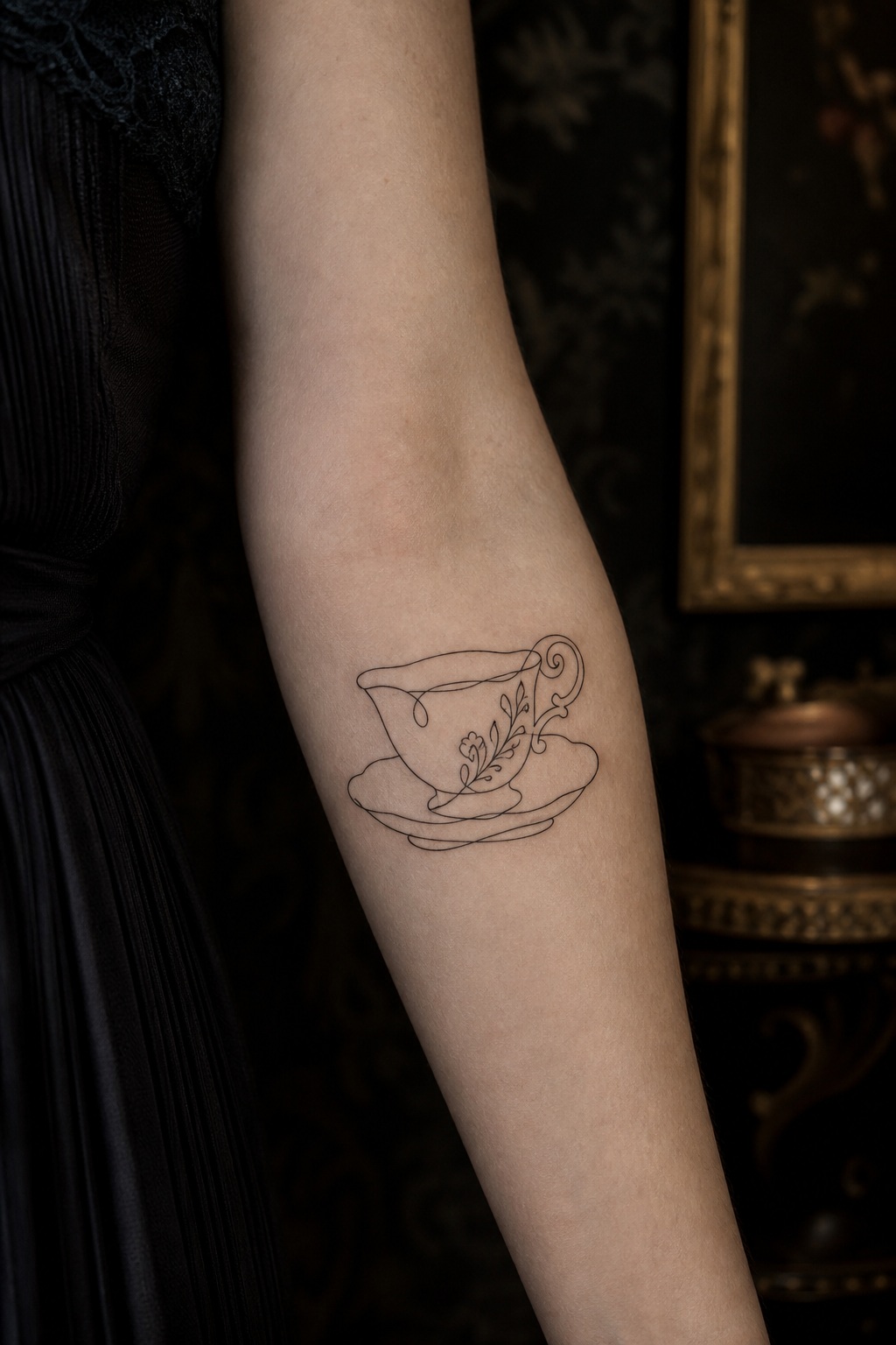 Single line Victorian teacup wrist tattoo