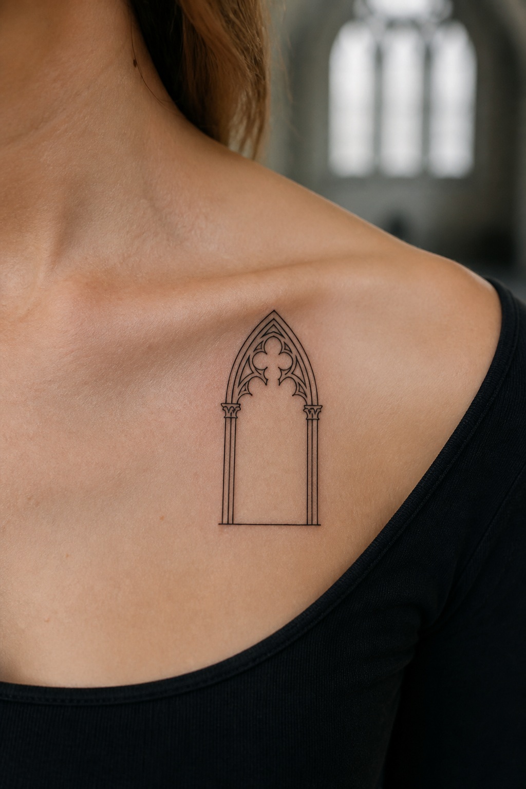 Single line gothic window outline collarbone tattoo