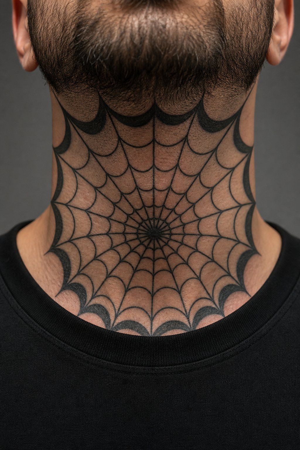 Throat spider web line art gothic tattoo for men