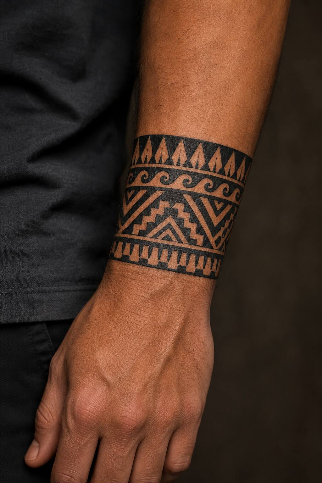 Tribal Polynesian forearm cuff tattoo for men
