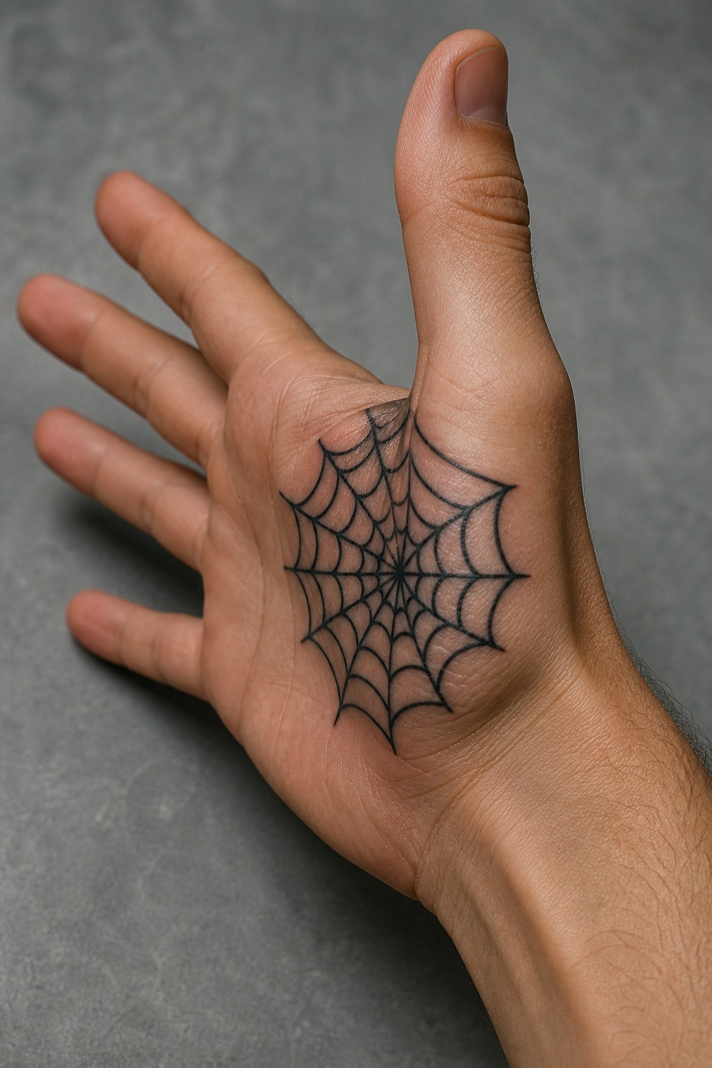 Webbed spider web thumb fold hand tattoo