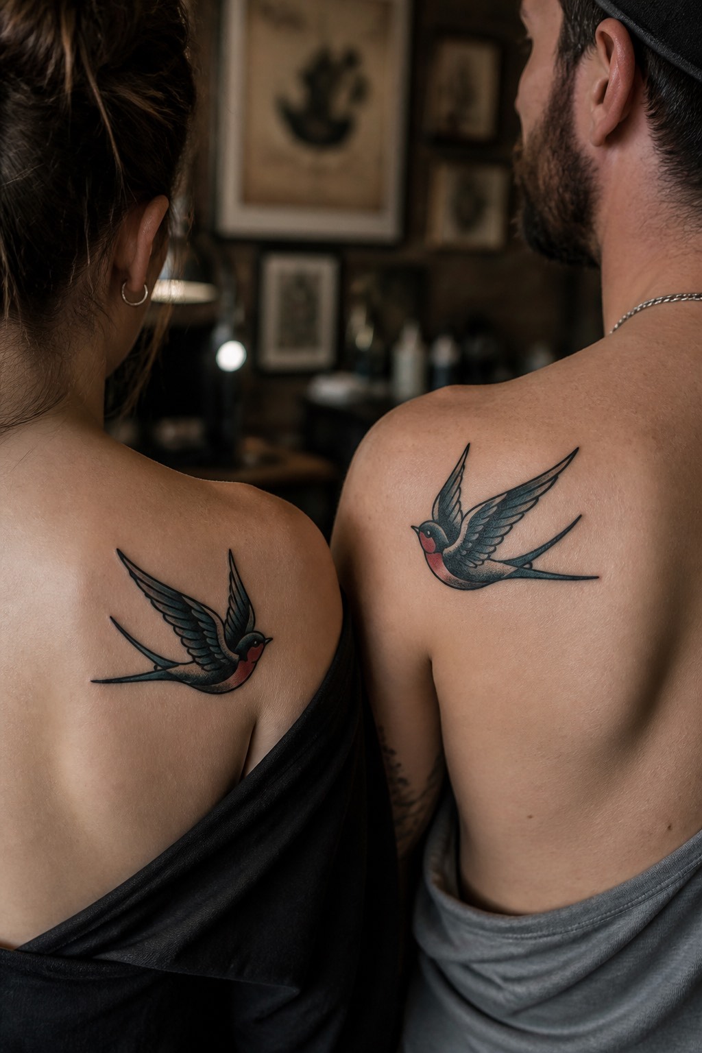 American traditional swallow pair matching couple tattoos