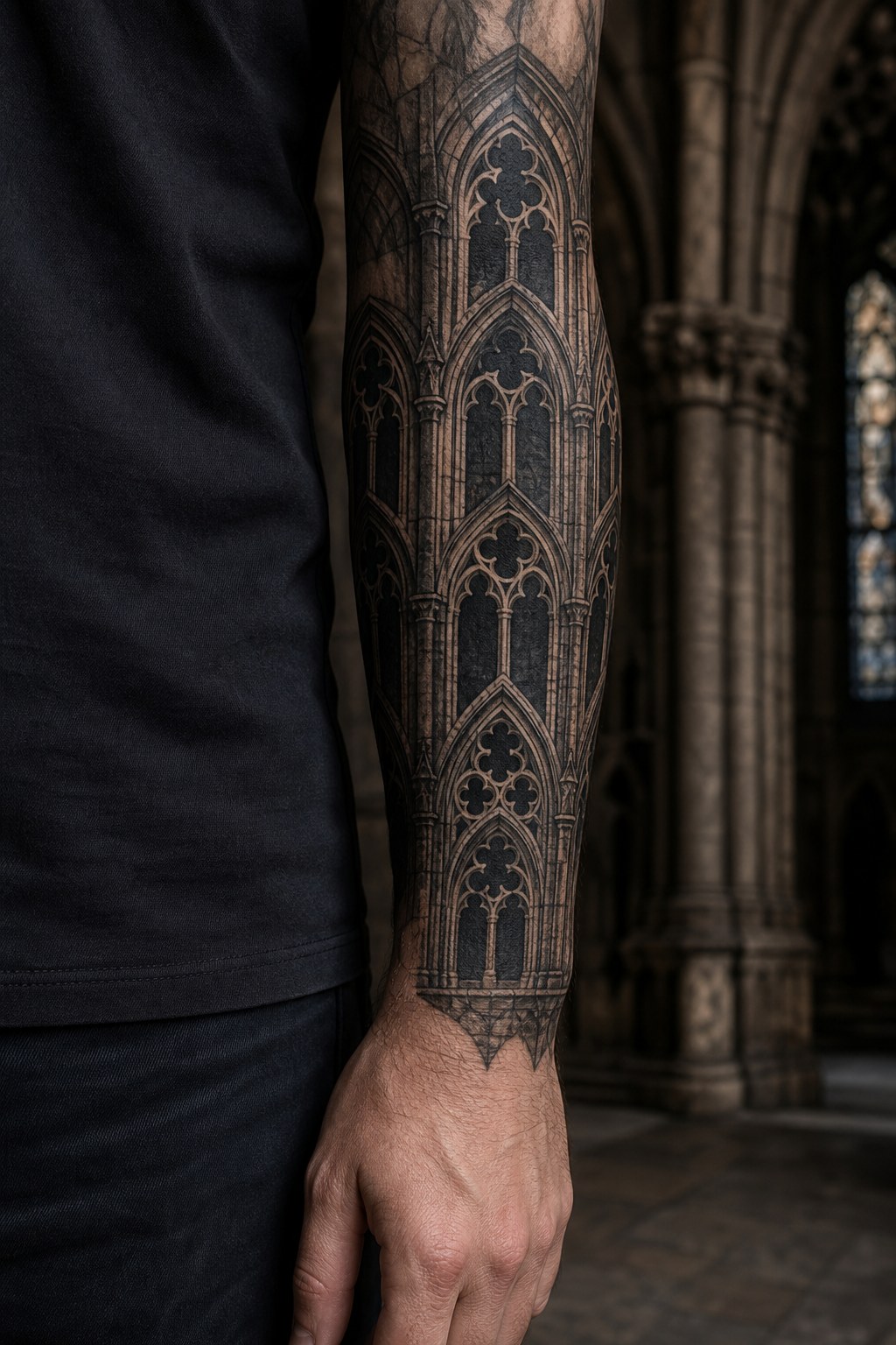 Blackwork gothic window sleeve segment tattoo