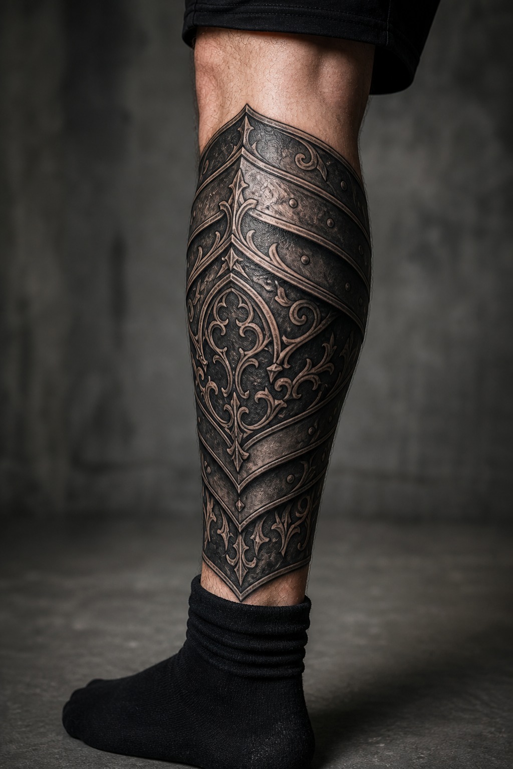 Calf blackwork knight armor segment tattoo for men
