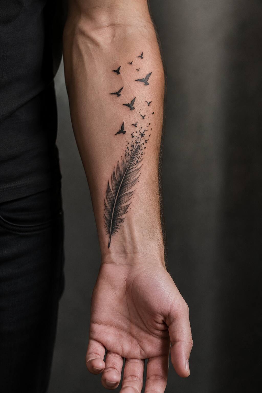 Feather turning into bird silhouette flight forearm tattoo for men