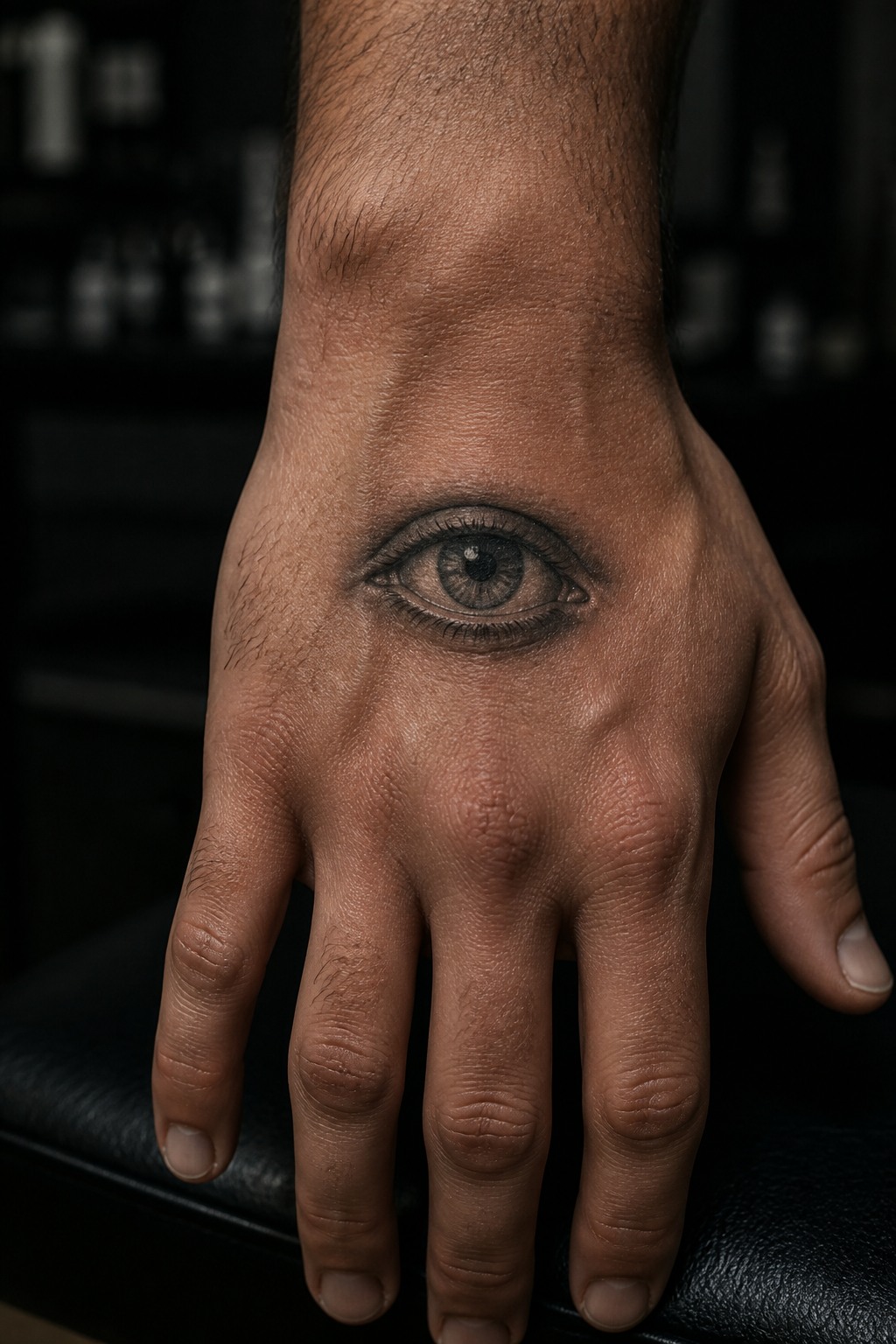 Micro realism eye back of hand accent tattoo