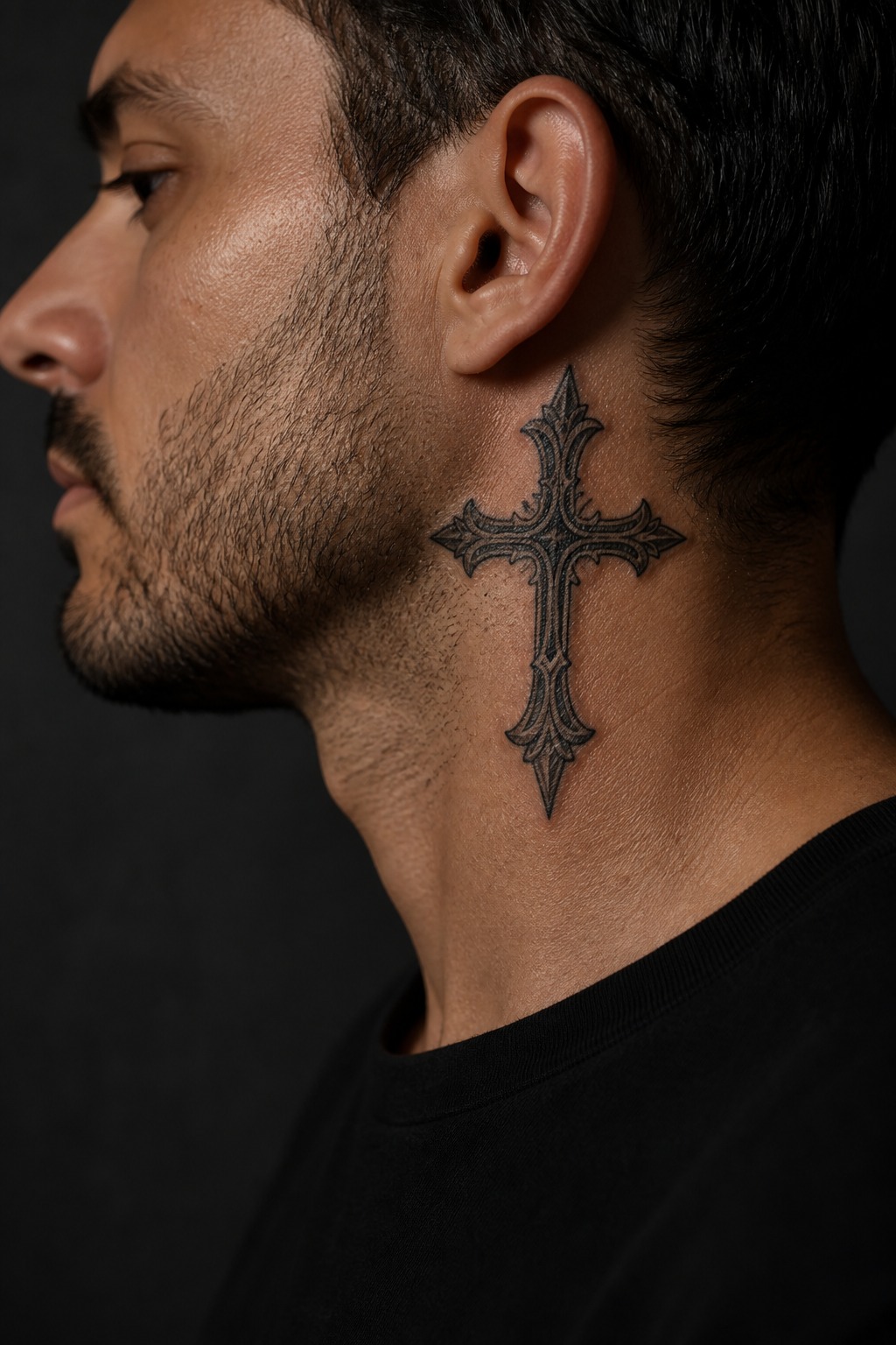 Side neck heraldic gothic cross tattoo