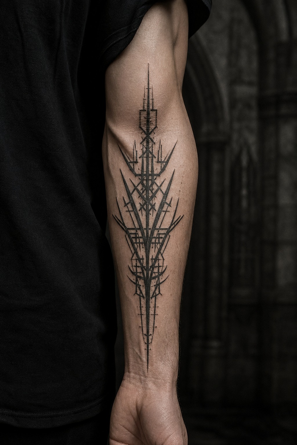Aggressive spiked cyber sigilism forearm tattoo