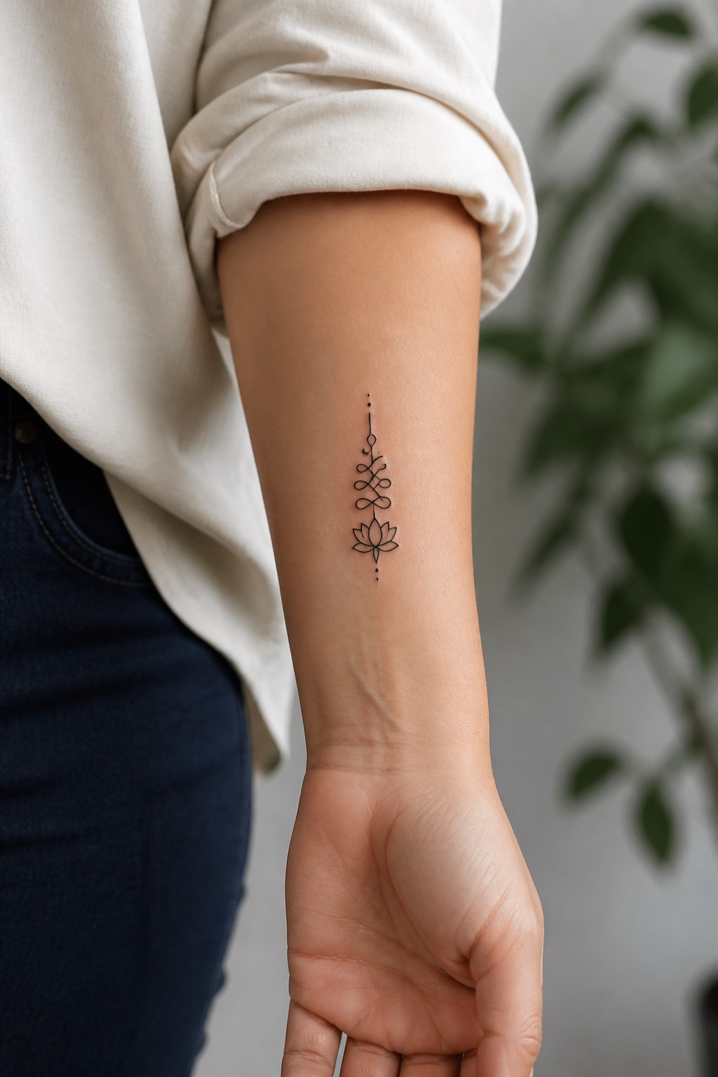 Unalome spiritual symbol forearm tattoo for women
