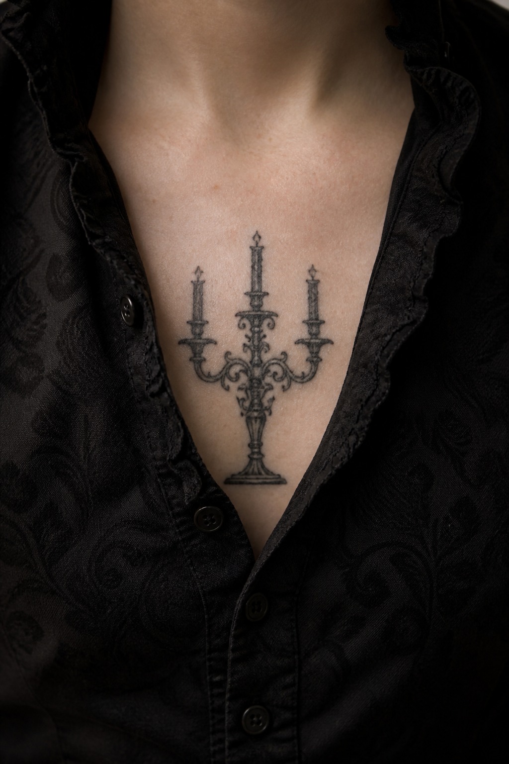 Blackwork Victorian candelabra chest piece tattoo