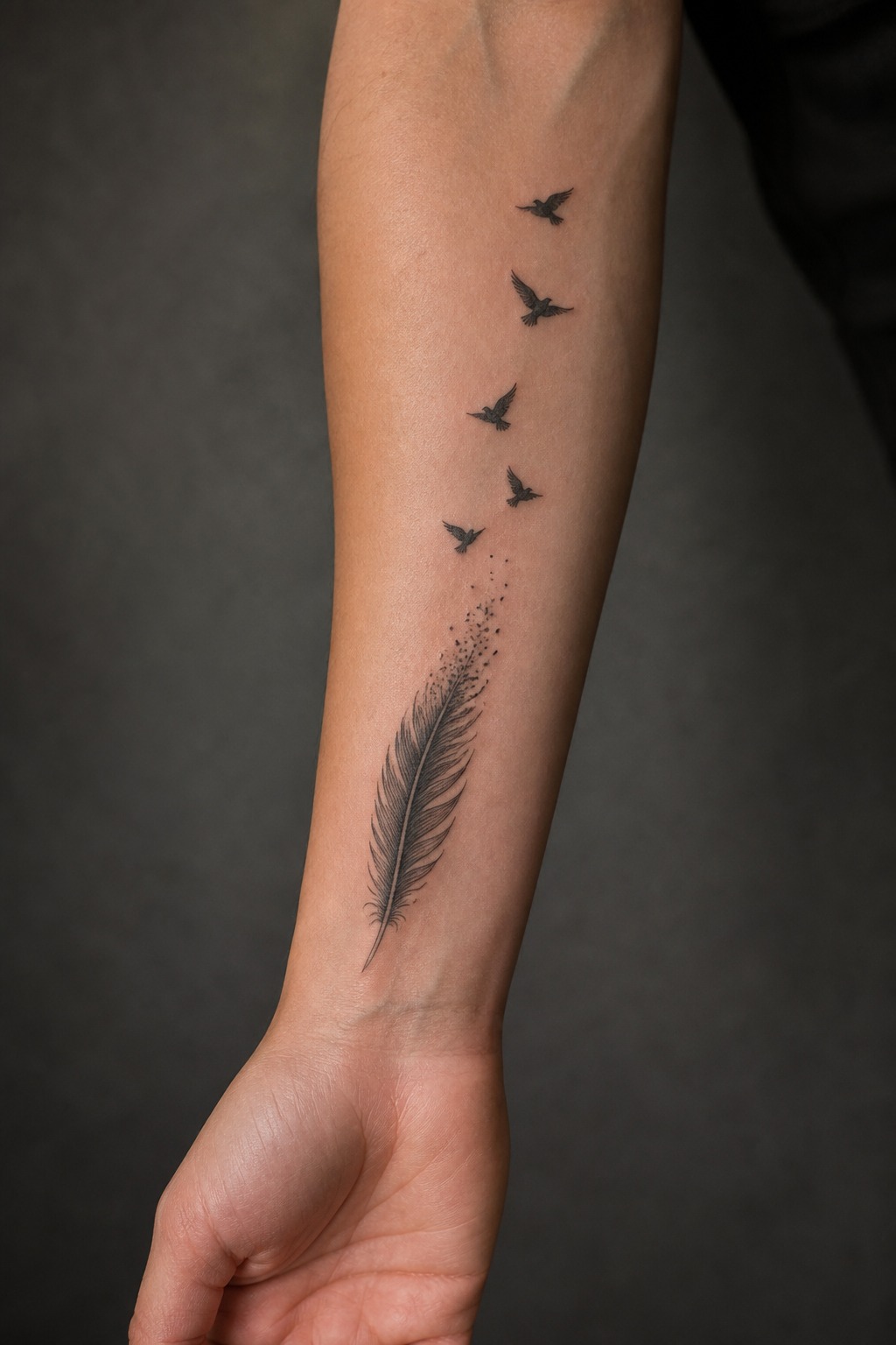 Wildbird feather disintegrating into flight forearm tattoo