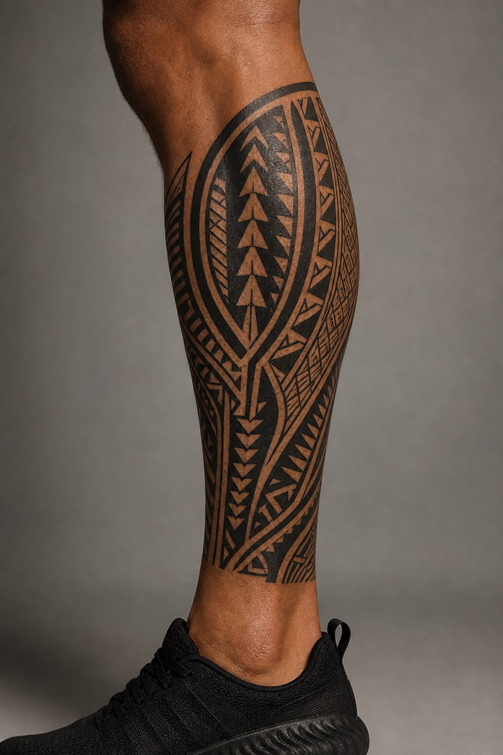 Calf tribal Polynesian pattern tattoo for men