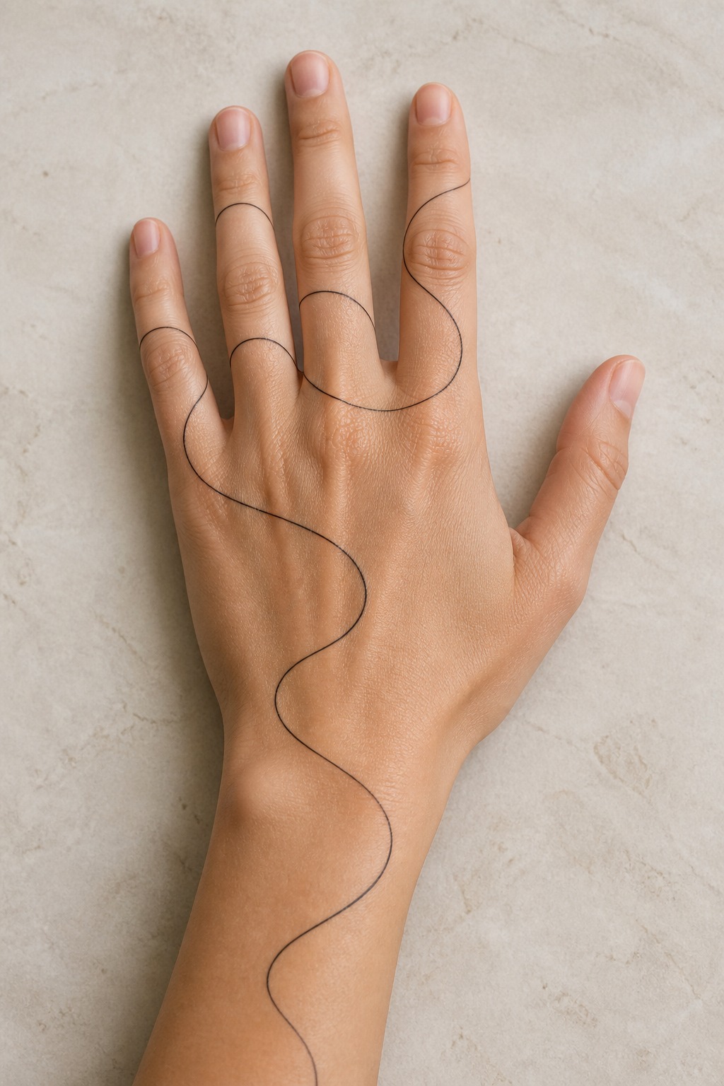 Continuous fine line thread wrap hand tattoo