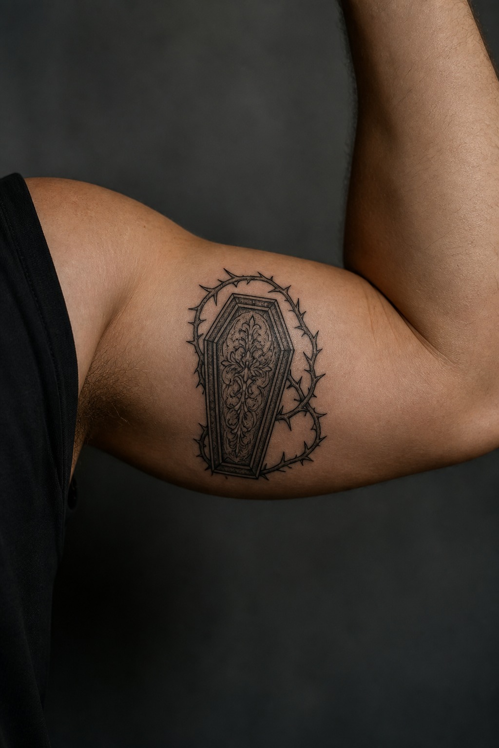 Inner bicep vampiric coffin accent tattoo for men