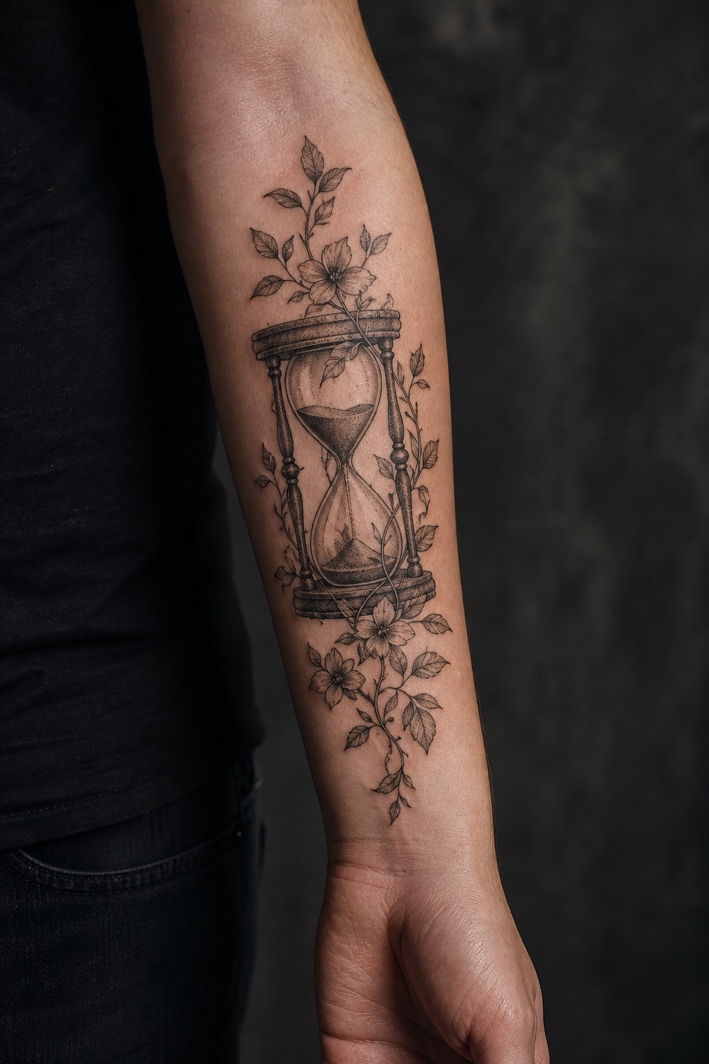 Memento Mori hourglass and botanical vines forearm tattoo