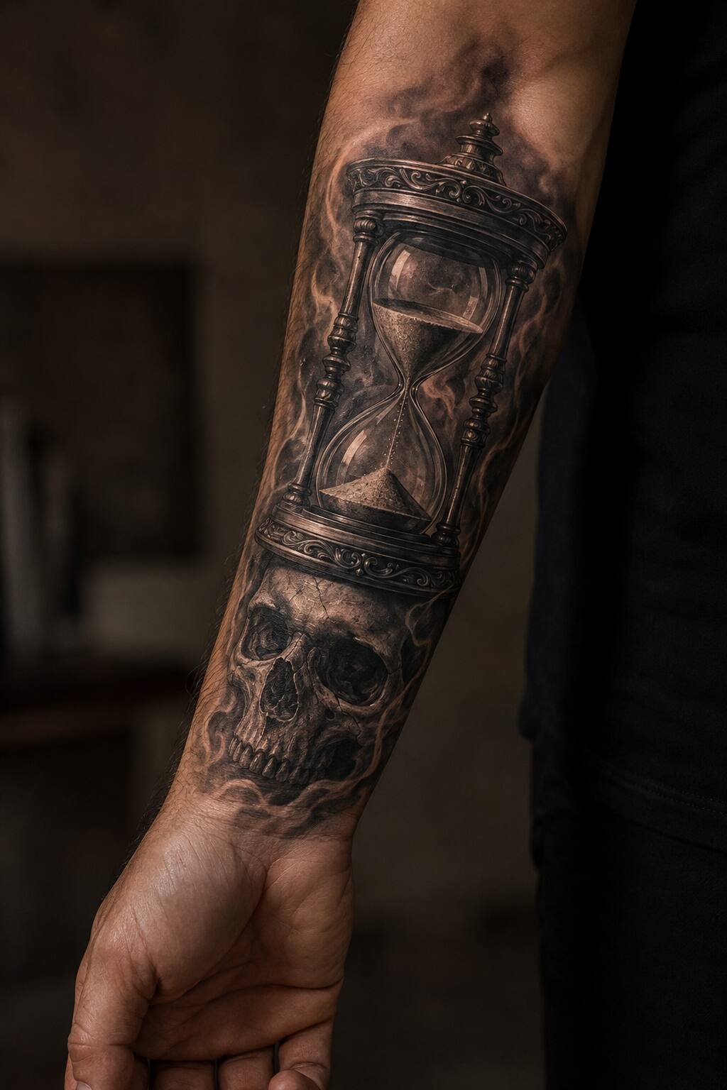 Memento Mori hourglass and skull forearm tattoo for men