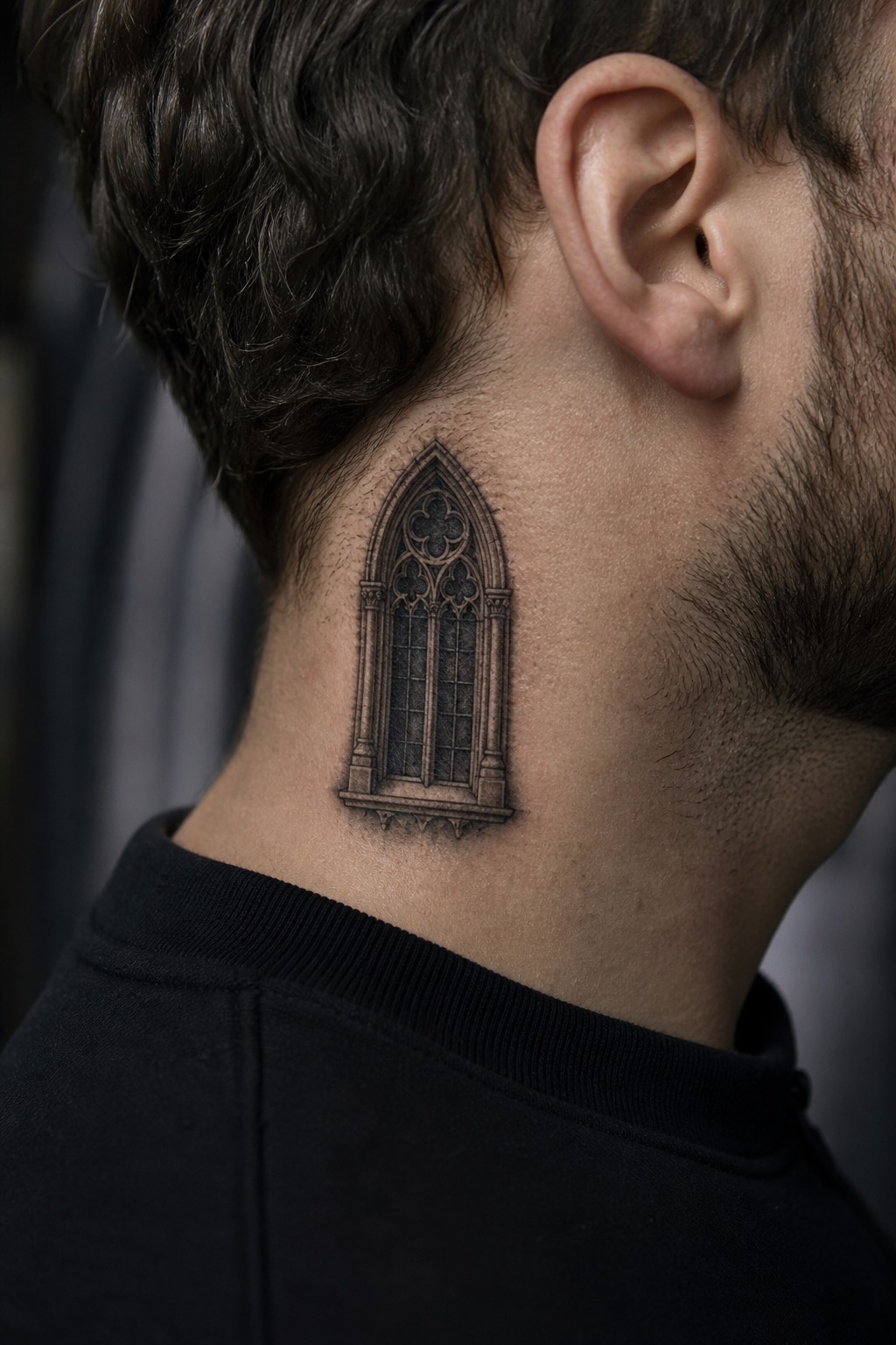 Side neck gothic arch window accent tattoo