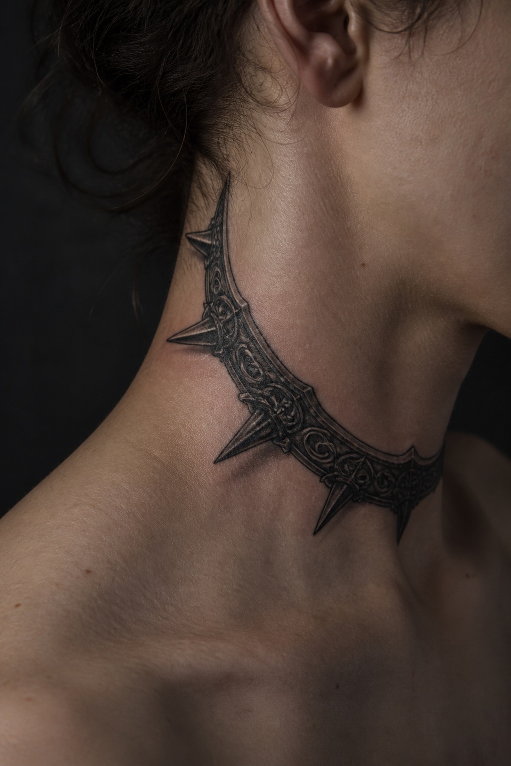 Side neck iron spiked collar tattoo