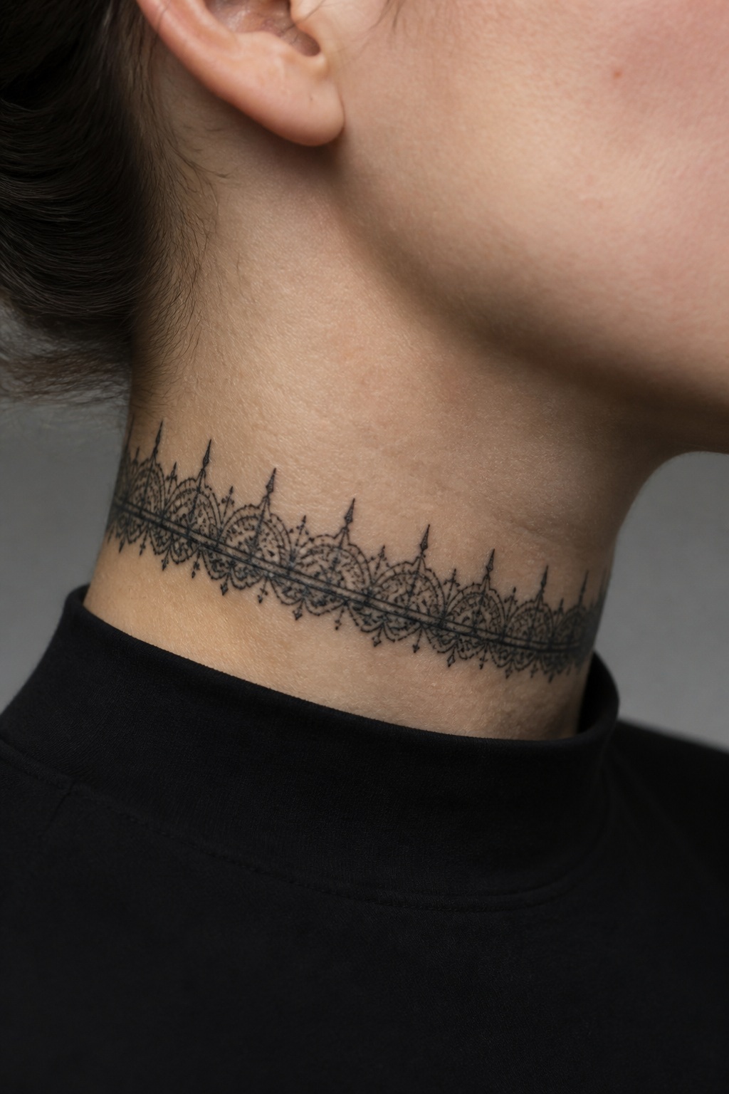Side neck Victorian lace and spiked collar tattoo