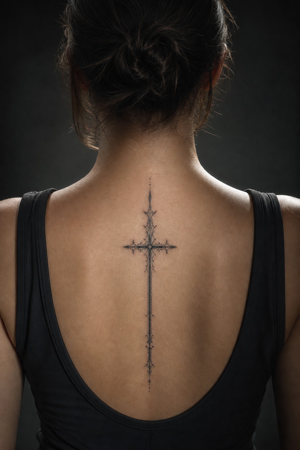 Upper spine column gothic cross tattoo