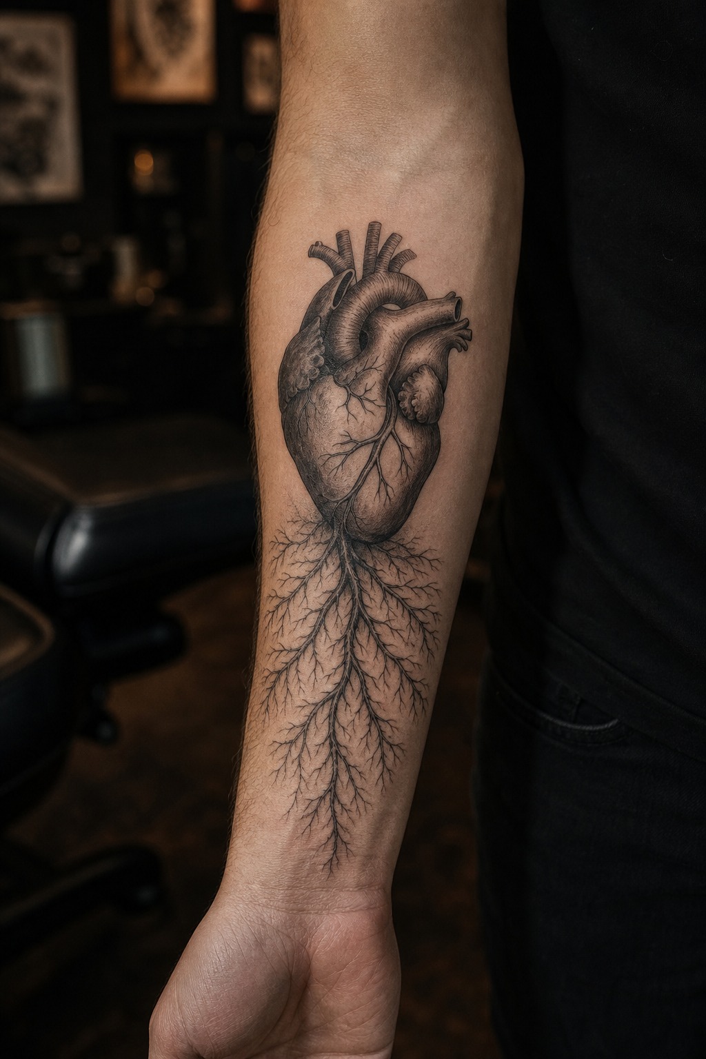 Anatomical heart with botanical roots forearm tattoo