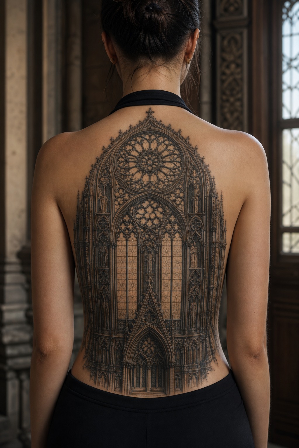 Full back gothic cathedral window facade tattoo