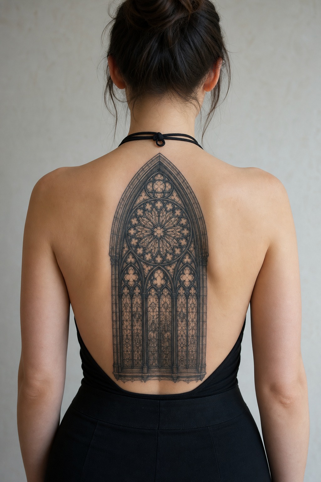 Full back Victorian gothic cathedral window tattoo