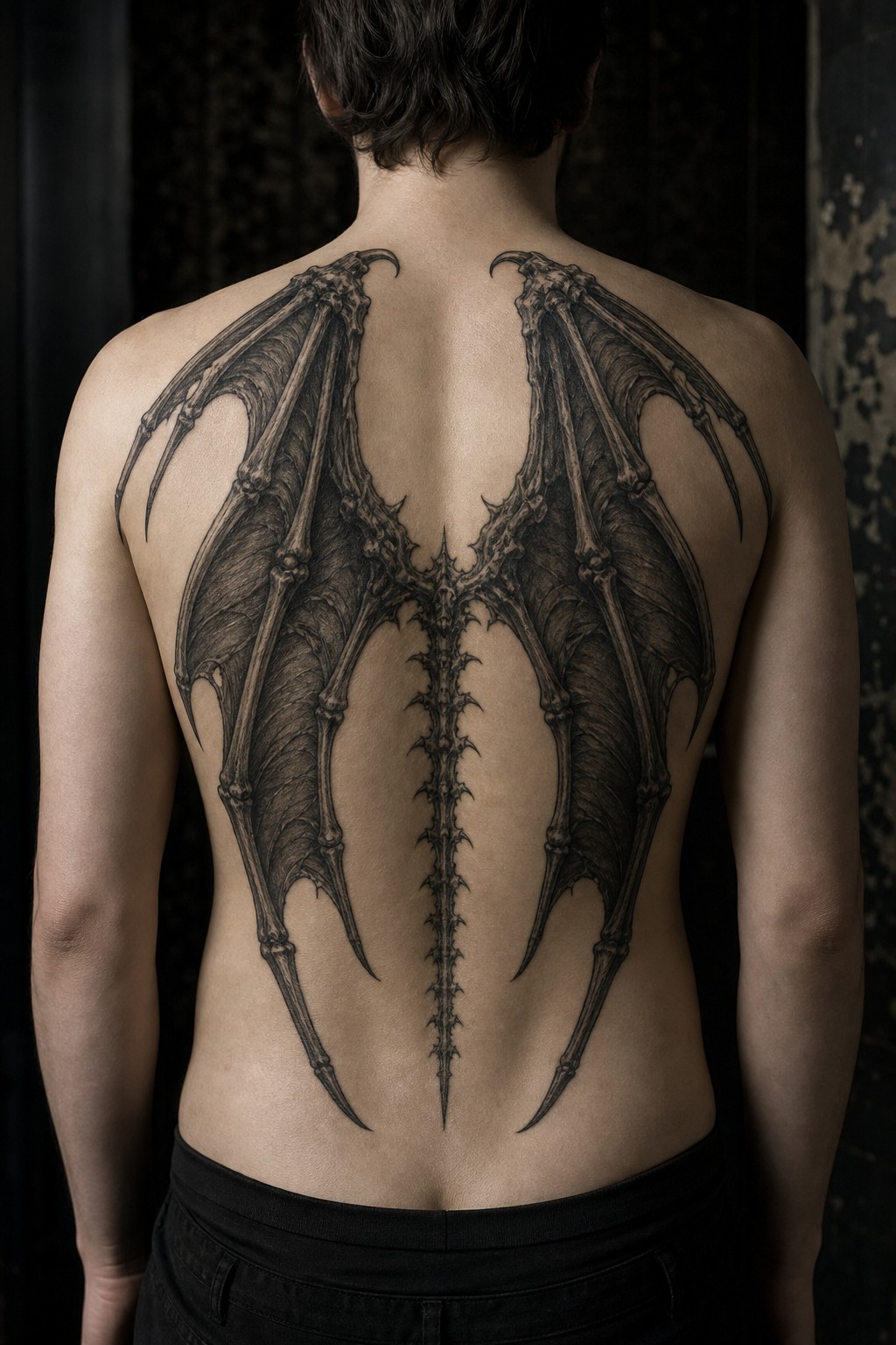 Full back skeletal demon wings tattoo