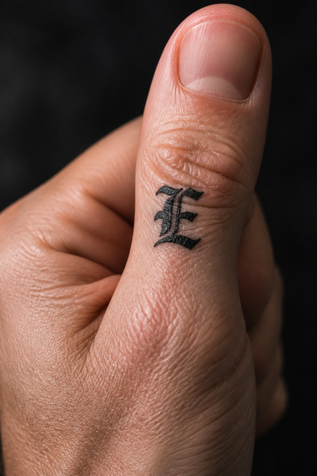 Gothic lettering single initial thumb tattoo