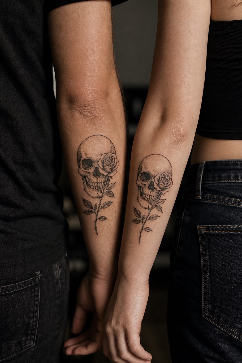 Matching skull and rose accent relationship tattoos
