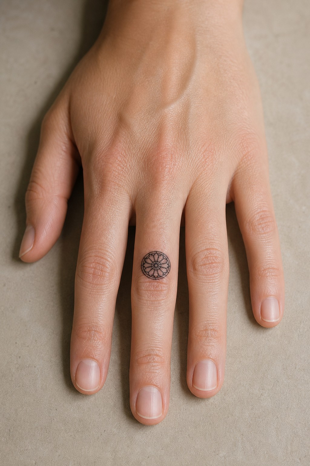 Micro rose window finger joint tattoo