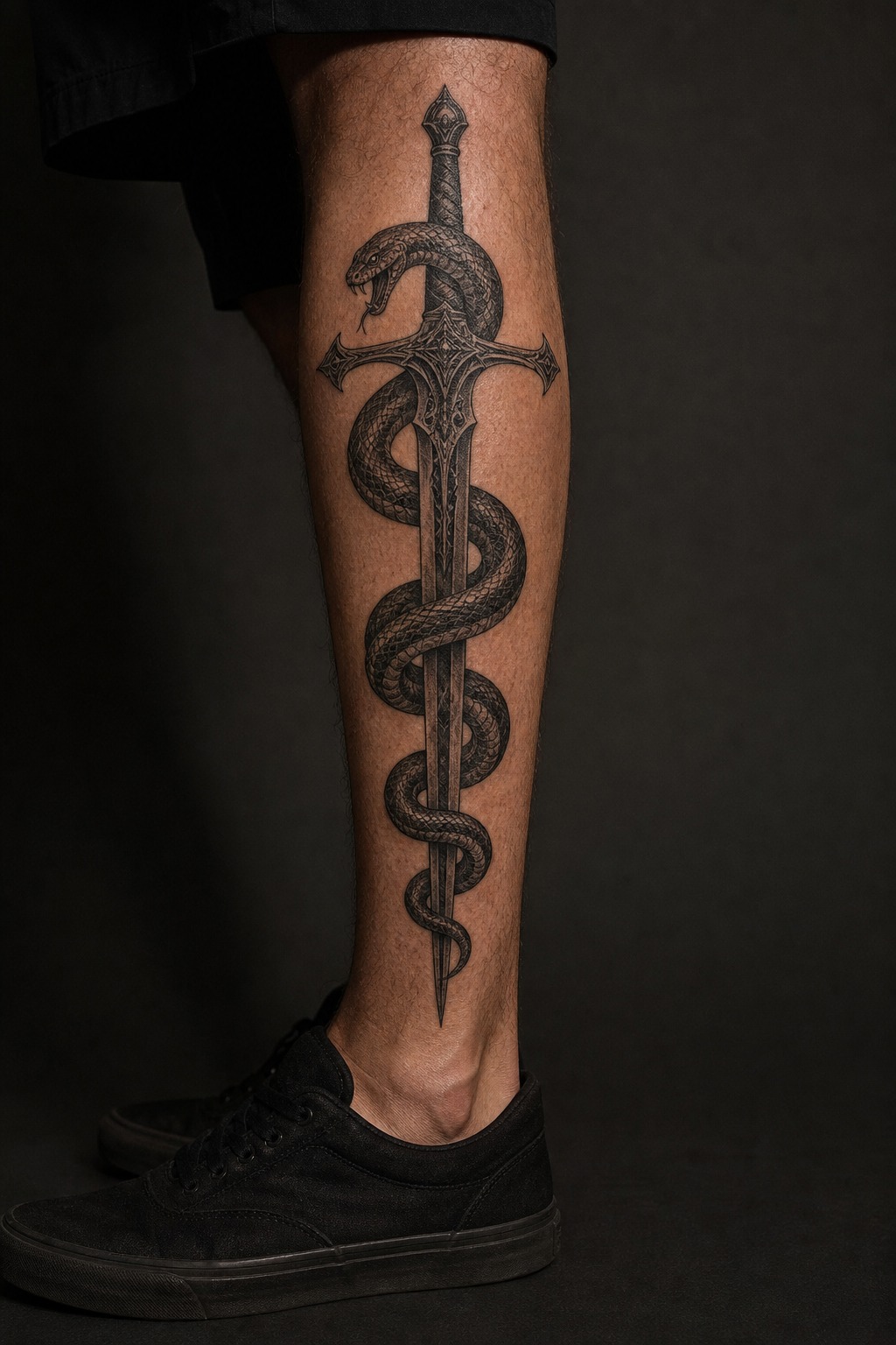 Shin blackwork snake and iron sword tattoo for men