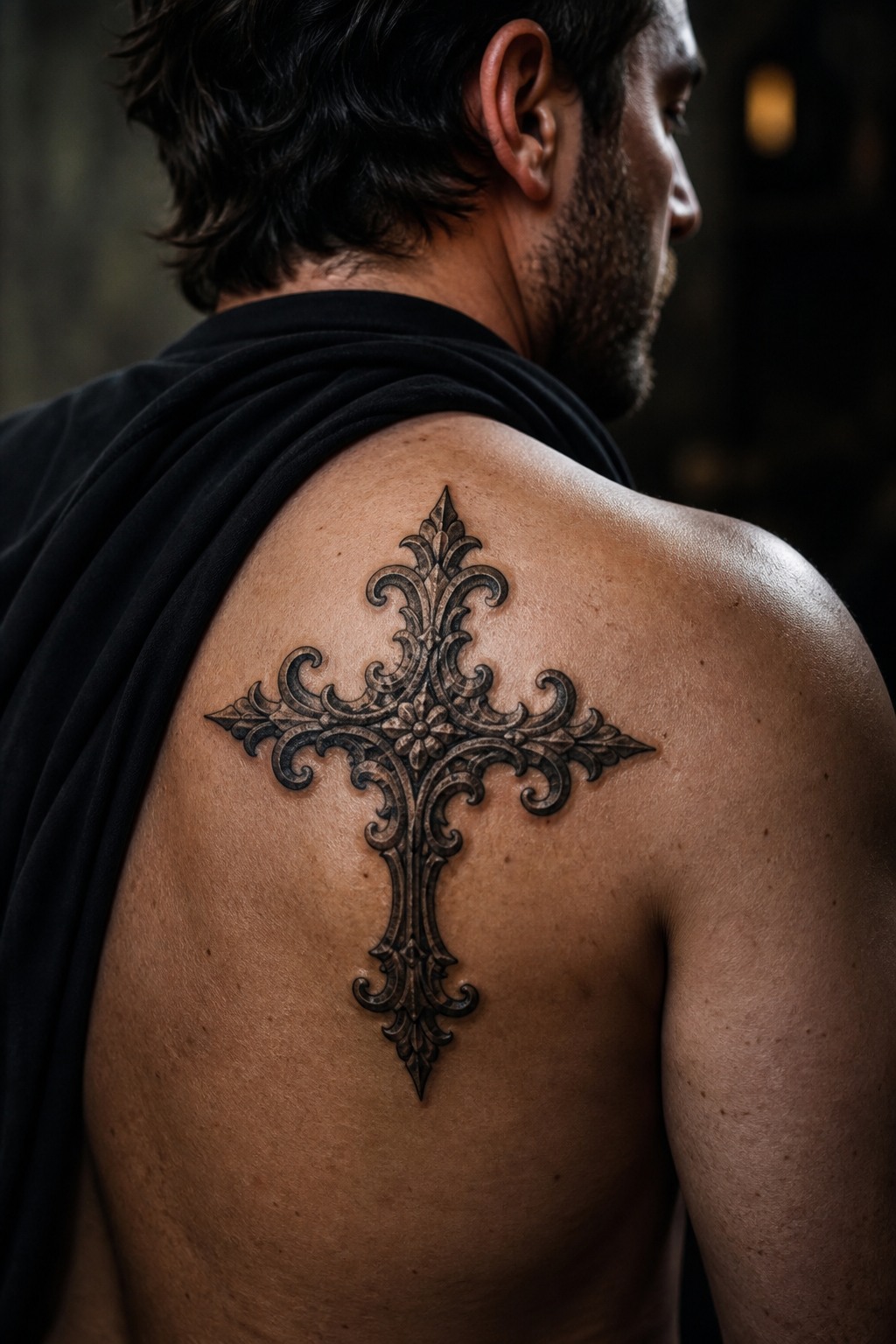 Shoulder blade wrought iron gothic cross tattoo