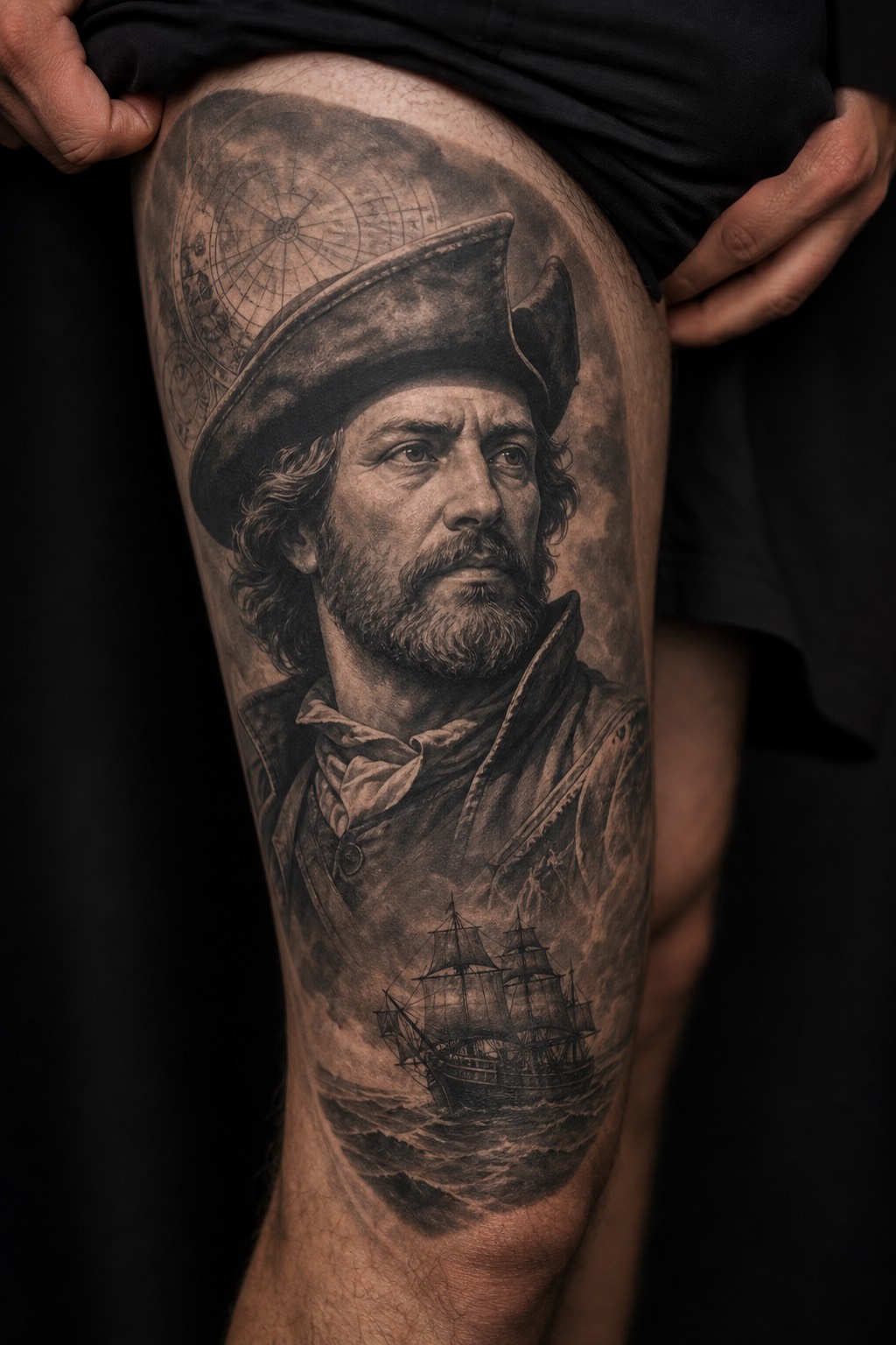Thigh realism portrait tattoo for men