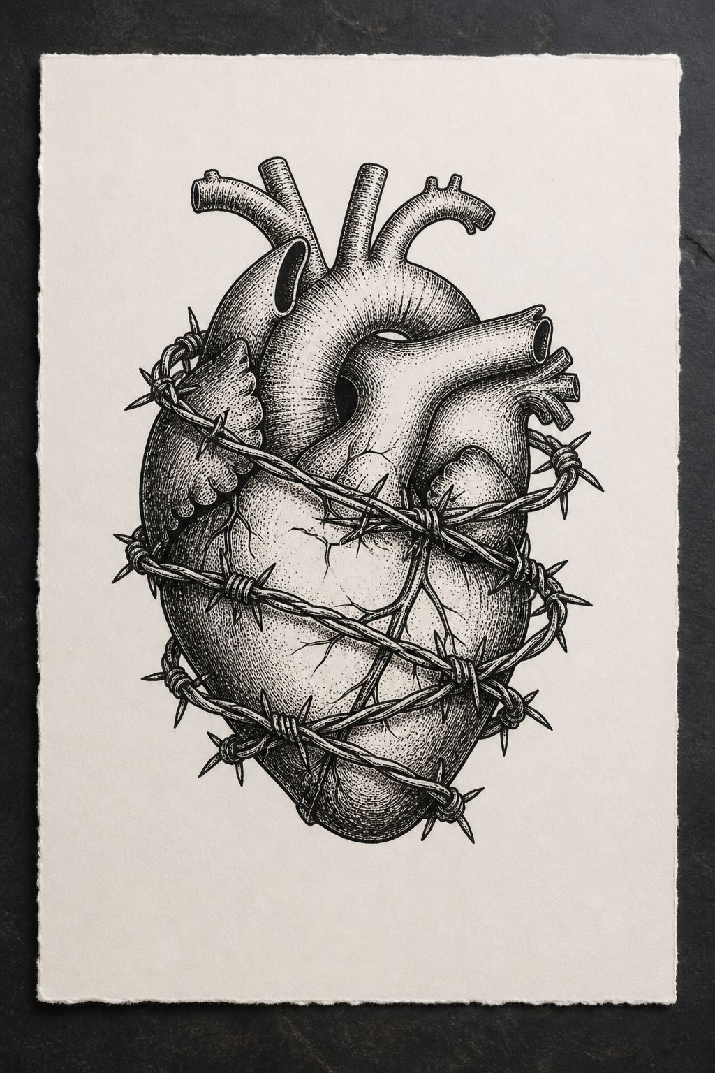 Anatomical heart wrapped in barb wire goth flash tattoo