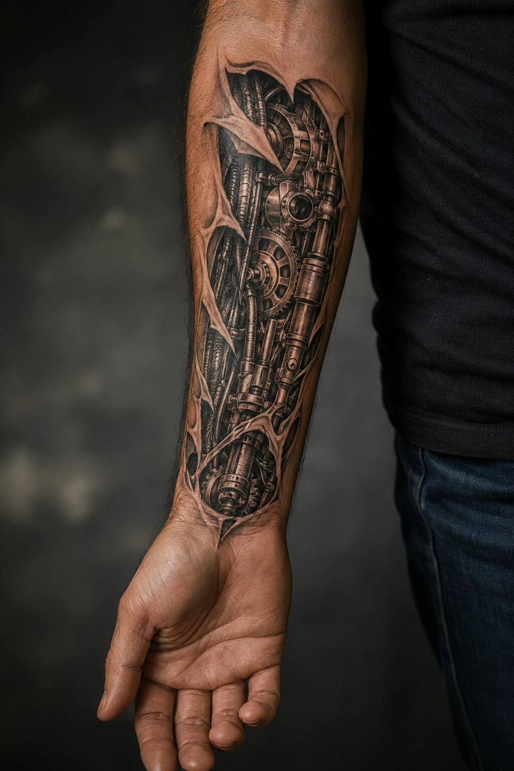Anatomical mechanical hydraulic forearm tattoo for men