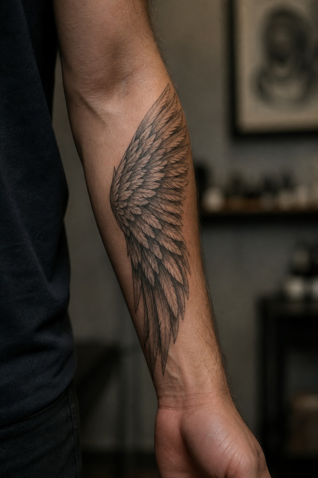 Angel wing feather flexor forearm tattoo