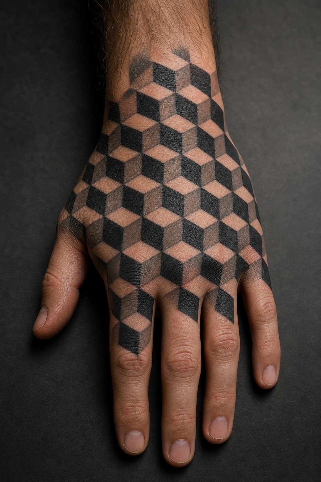 Geometric cube optical illusion hand tattoo