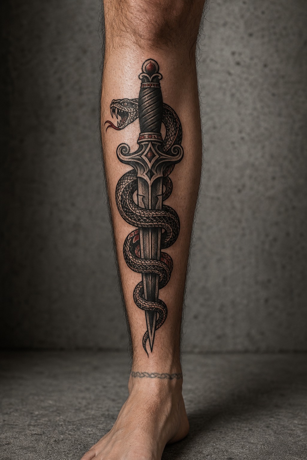 Shin blackwork snake and dagger tattoo for men