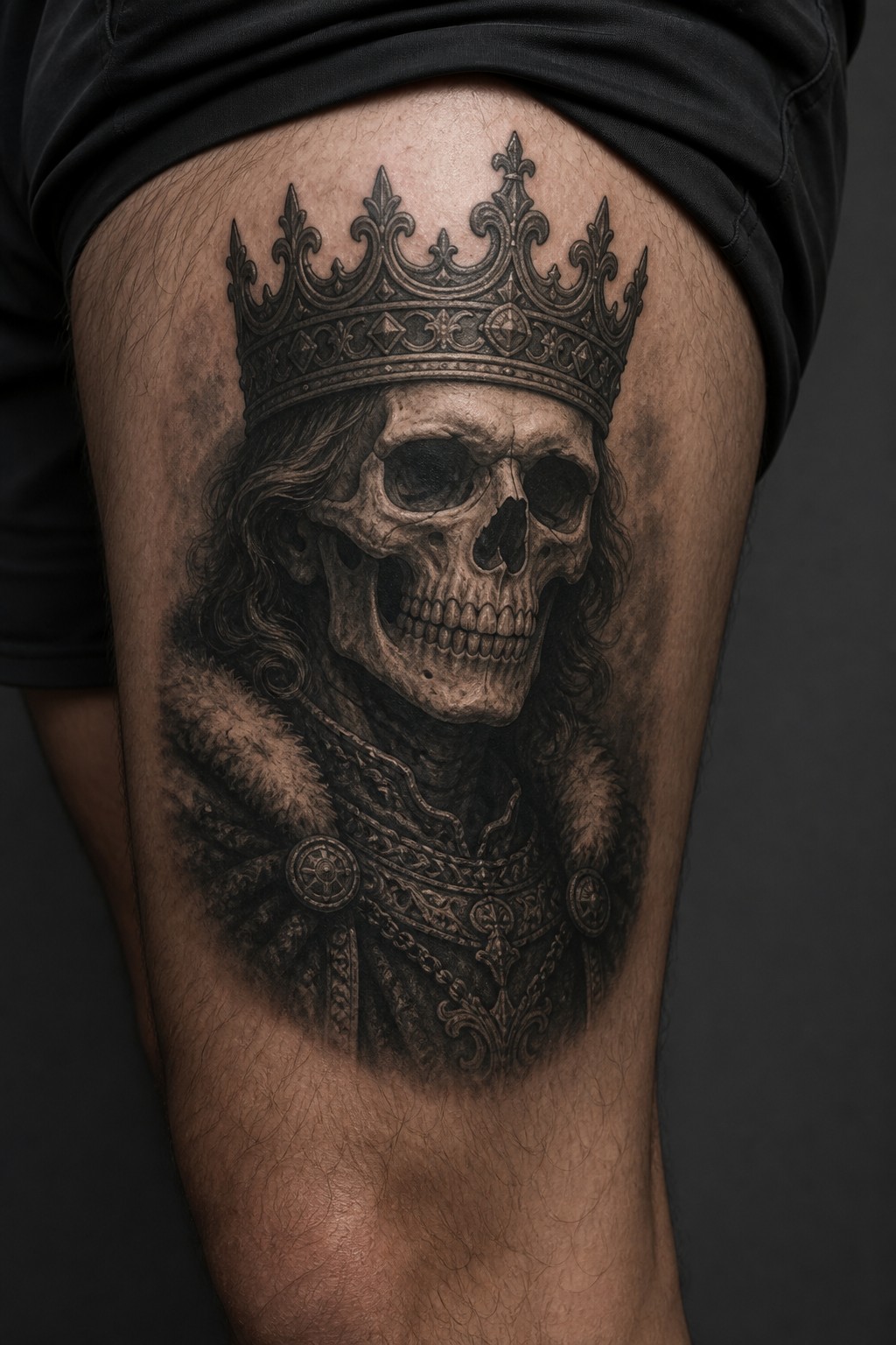 Thigh blackwork skeleton king portrait tattoo for men