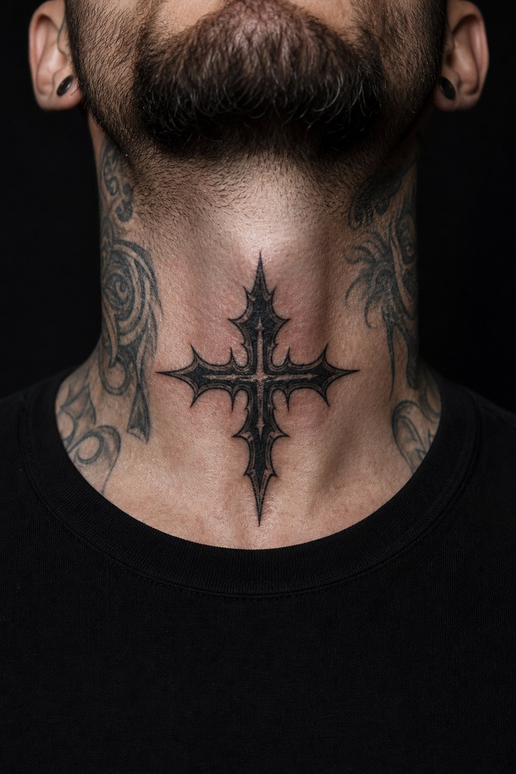 Throat centerpiece spiked gothic cross tattoo