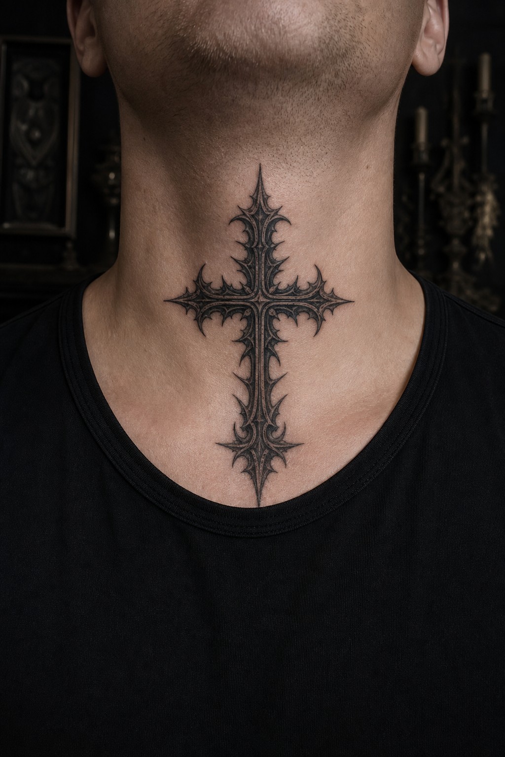Throat centerpiece spiked gothic cross tattoo