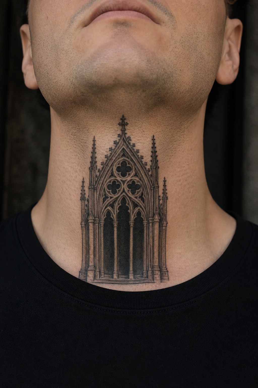 Throat centerpiece spiked gothic arch window tattoo