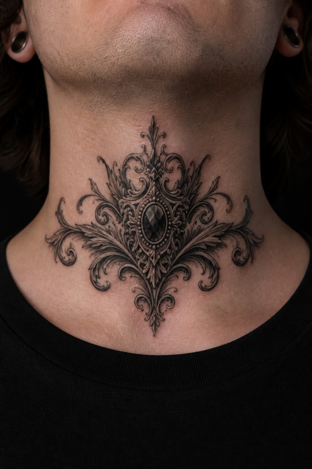 Throat centerpiece Victorian filigree crest tattoo