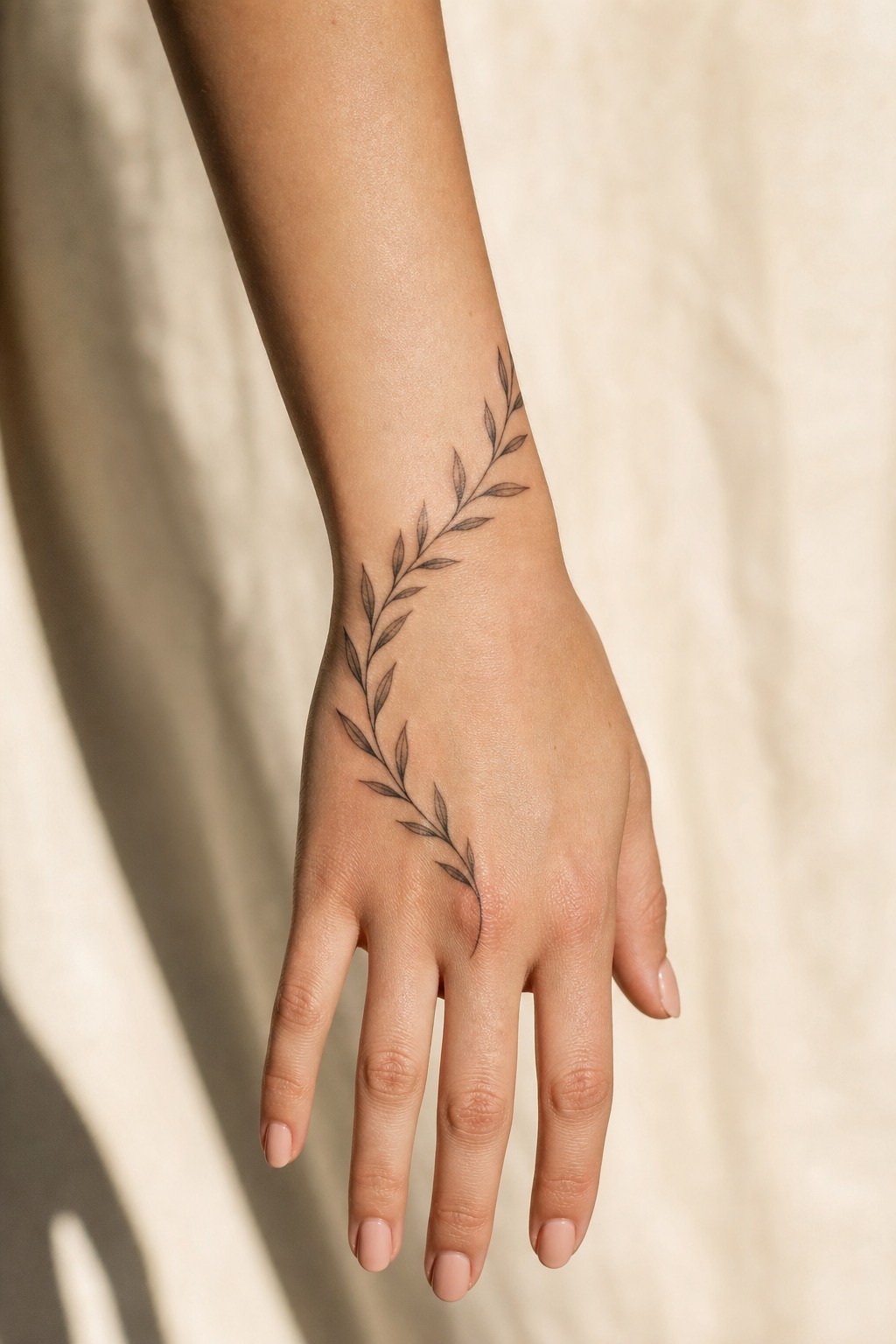 Delicate laurel wreath wrist to hand flow tattoo for women